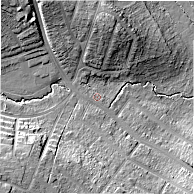 Shaded relief map of the ground around CV58GG, computed from Environment Agency LiDAR. The ground here sits at about 89 m above sea level and falls 22 m across the surrounding 800 m. Surface water reaching this point runs off ground lying to the west, 0.8 m higher.