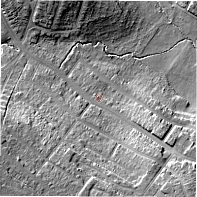 Shaded relief map of the ground around CV58GH, computed from Environment Agency LiDAR. The ground here sits at about 89 m above sea level and falls 20 m across the surrounding 800 m. Surface water reaching this point runs off ground lying to the south, 12.7 m higher.
