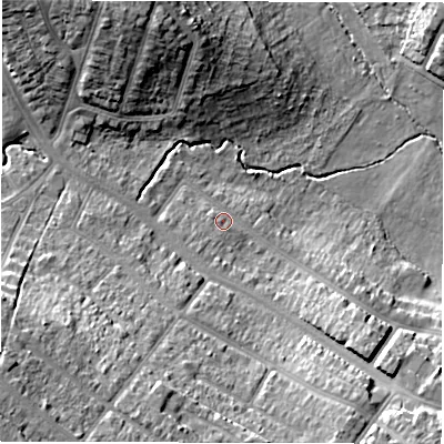 Shaded relief map of the ground around CV58GQ, computed from Environment Agency LiDAR. The ground here sits at about 89 m above sea level and falls 20 m across the surrounding 800 m. Surface water reaching this point runs off ground lying to the south-south-west, 12.9 m higher.