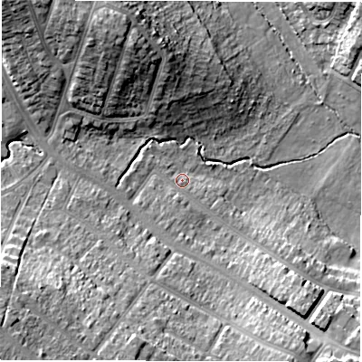 Shaded relief map of the ground around CV58GR, computed from Environment Agency LiDAR. The ground here sits at about 88 m above sea level and falls 20 m across the surrounding 800 m. Surface water reaching this point runs off ground lying to the south-west, 16.8 m higher.