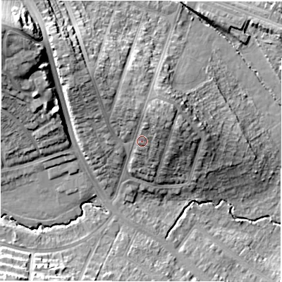 Shaded relief map of the ground around CV58HJ, computed from Environment Agency LiDAR. The ground here sits at about 97 m above sea level and falls 25 m across the surrounding 800 m. Surface water reaching this point runs off ground lying to the north-east, 4.1 m higher.