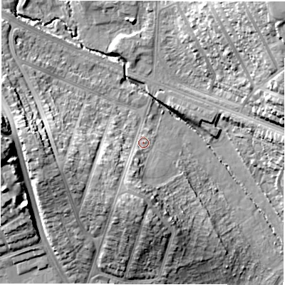 Shaded relief map of the ground around CV58HL, computed from Environment Agency LiDAR. The ground here sits at about 90 m above sea level and falls 26 m across the surrounding 800 m. Surface water reaching this point runs off ground lying to the south-west, 11.5 m higher.