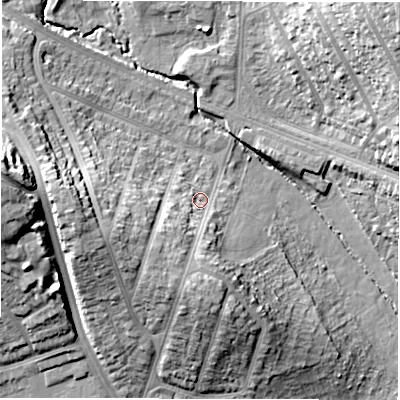 Shaded relief map of the ground around CV58HN, computed from Environment Agency LiDAR. The ground here sits at about 91 m above sea level and falls 26 m across the surrounding 800 m. Surface water reaching this point runs off ground lying to the south-south-west, 11.4 m higher.