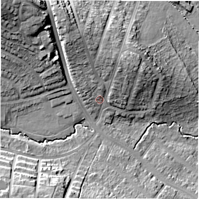 Shaded relief map of the ground around CV58HQ, computed from Environment Agency LiDAR. The ground here sits at about 93 m above sea level and falls 26 m across the surrounding 800 m. Surface water reaching this point runs off ground lying to the north-north-west, 11.8 m higher.