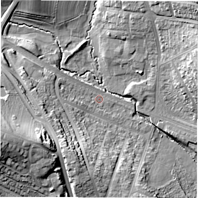 Shaded relief map of the ground around CV58HW, computed from Environment Agency LiDAR. The ground here sits at about 90 m above sea level and falls 28 m across the surrounding 800 m. Surface water reaching this point runs off ground lying to the south-south-west, 16.1 m higher.