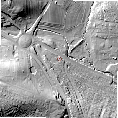Shaded relief map of the ground around CV58HX, computed from Environment Agency LiDAR. The ground here sits at about 95 m above sea level and falls 33 m across the surrounding 800 m. Surface water reaching this point runs off ground lying to the south, 8.3 m higher.