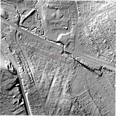 Shaded relief map of the ground around CV58JD, computed from Environment Agency LiDAR. The ground here sits at about 89 m above sea level and falls 25 m across the surrounding 800 m. Surface water reaching this point runs off ground lying to the south-west, 14.5 m higher.