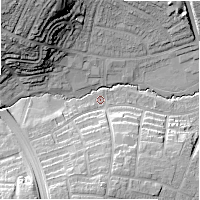 Shaded relief map of the ground around CV58NB, computed from Environment Agency LiDAR. The ground here sits at about 93 m above sea level and falls 35 m across the surrounding 800 m. Surface water reaching this point runs off ground lying to the south-south-west, 19.1 m higher.