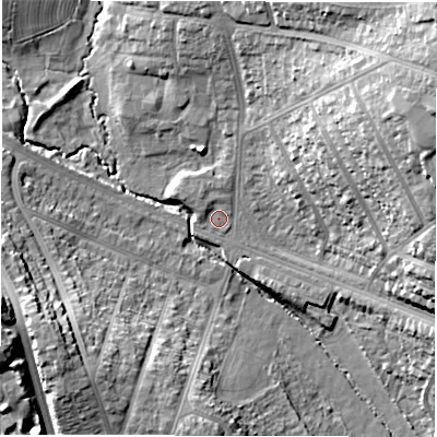 Shaded relief map of the ground around CV58ND, computed from Environment Agency LiDAR. The ground here sits at about 90 m above sea level and falls 27 m across the surrounding 800 m. Surface water reaching this point runs off ground lying to the north-west, 1.6 m higher.
