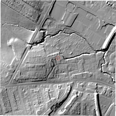 Shaded relief map of the ground around CV58NH, computed from Environment Agency LiDAR. The ground here sits at about 86 m above sea level and falls 21 m across the surrounding 800 m. Surface water reaching this point runs off ground lying to the west-south-west, 7.3 m higher.