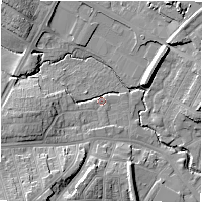 Shaded relief map of the ground around CV58NW, computed from Environment Agency LiDAR. The ground here sits at about 83 m above sea level and falls 21 m across the surrounding 800 m. Surface water reaching this point runs off ground lying to the west, 13.1 m higher.