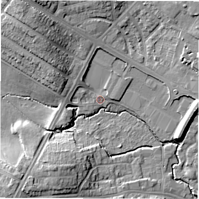 Shaded relief map of the ground around CV58PF, computed from Environment Agency LiDAR. The ground here sits at about 83 m above sea level and falls 19 m across the surrounding 800 m. Surface water reaching this point runs off ground lying to the north, 4.1 m higher.
