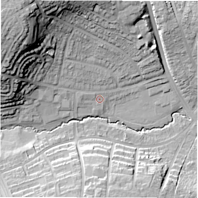 Shaded relief map of the ground around CV59AF, computed from Environment Agency LiDAR. The ground here sits at about 93 m above sea level and falls 36 m across the surrounding 800 m. Surface water reaching this point runs off ground lying to the north-west, 4.7 m higher.