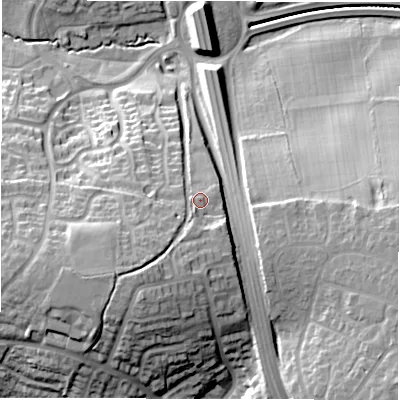 Shaded relief map of the ground around CV59AJ, computed from Environment Agency LiDAR. The ground here sits at about 117 m above sea level and falls 32 m across the surrounding 800 m. Surface water reaching this point runs off ground lying to the south-west, 9.5 m higher.