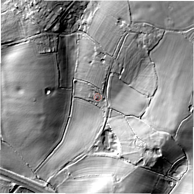 Shaded relief map of the ground around CV59BU, computed from Environment Agency LiDAR. The ground here sits at about 120 m above sea level and falls 27 m across the surrounding 800 m. Surface water reaching this point runs off ground lying to the north-north-east, 4.2 m higher.
