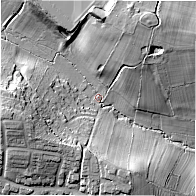 Shaded relief map of the ground around CV59DP, computed from Environment Agency LiDAR. The ground here sits at about 97 m above sea level and falls 27 m across the surrounding 800 m. Surface water reaching this point runs off ground lying to the west, 24.2 m higher.