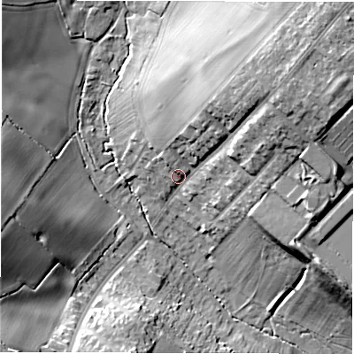 Shaded relief map of the ground around CV59DS, computed from Environment Agency LiDAR. The ground here sits at about 106 m above sea level and falls 25 m across the surrounding 800 m. Surface water reaching this point runs off ground lying to the north-east, 16.1 m higher.