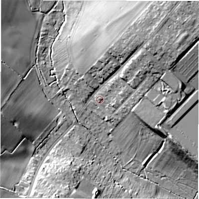 Shaded relief map of the ground around CV59DT, computed from Environment Agency LiDAR. The ground here sits at about 105 m above sea level and falls 25 m across the surrounding 800 m. Surface water reaching this point runs off ground lying to the north-east, 16.7 m higher.