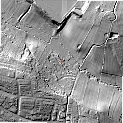 Shaded relief map of the ground around CV59EY, computed from Environment Agency LiDAR. The ground here sits at about 100 m above sea level and falls 27 m across the surrounding 800 m. Surface water reaching this point runs off ground lying to the west-south-west, 20.5 m higher.