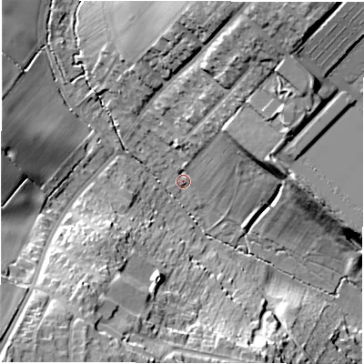 Shaded relief map of the ground around CV59FE, computed from Environment Agency LiDAR. The ground here sits at about 101 m above sea level and falls 29 m across the surrounding 800 m. Surface water reaching this point runs off ground lying to the north-north-east, 20.3 m higher.