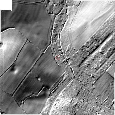 Shaded relief map of the ground around CV59FG, computed from Environment Agency LiDAR. The ground here sits at about 103 m above sea level and falls 30 m across the surrounding 800 m. Surface water reaching this point runs off ground lying to the west-south-west, 26.1 m higher.