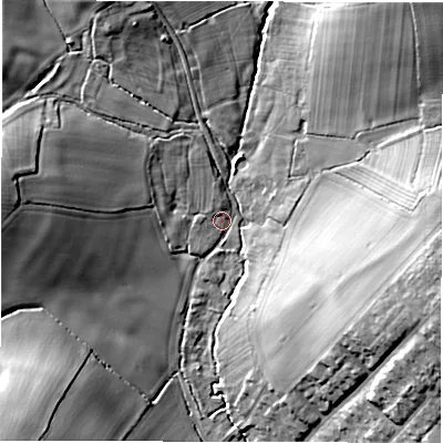 Shaded relief map of the ground around CV59FH, computed from Environment Agency LiDAR. The ground here sits at about 105 m above sea level and falls 25 m across the surrounding 800 m. Surface water reaching this point runs off ground lying to the north-north-west, 2.3 m higher.
