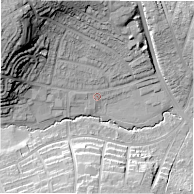 Shaded relief map of the ground around CV59QY, computed from Environment Agency LiDAR. The ground here sits at about 93 m above sea level and falls 35 m across the surrounding 800 m. Surface water reaching this point runs off ground lying to the north-west, 4.7 m higher.