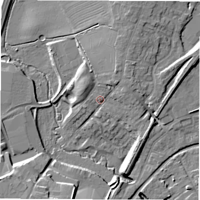 Shaded relief map of the ground around CV66AG, computed from Environment Agency LiDAR. The ground here sits at about 97 m above sea level and falls 13 m across the surrounding 800 m. Surface water reaching this point runs off ground lying to the north-east, 5.5 m higher.