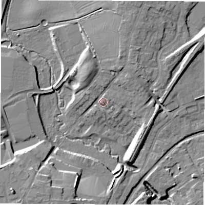 Shaded relief map of the ground around CV66AH, computed from Environment Agency LiDAR. The ground here sits at about 95 m above sea level and falls 15 m across the surrounding 800 m. Surface water reaching this point runs off ground lying to the north-north-east, 7.2 m higher.