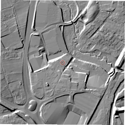 Shaded relief map of the ground around CV66AN, computed from Environment Agency LiDAR. The ground here sits at about 96 m above sea level and falls 16 m across the surrounding 800 m. Surface water reaching this point runs off ground lying to the south-south-west, 4.8 m higher.