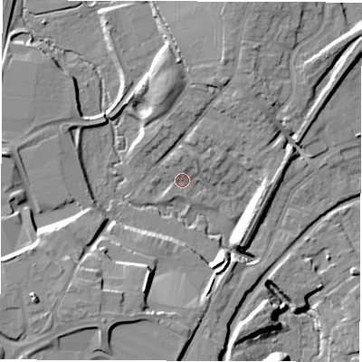 Shaded relief map of the ground around CV66JD, computed from Environment Agency LiDAR. The ground here sits at about 90 m above sea level and falls 16 m across the surrounding 800 m. Surface water reaching this point runs off ground lying to the north-east, 8.6 m higher.