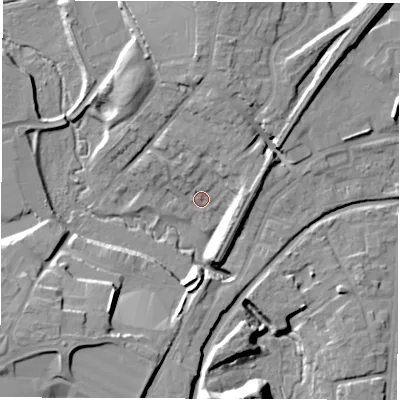 Shaded relief map of the ground around CV66JF, computed from Environment Agency LiDAR. The ground here sits at about 91 m above sea level and falls 17 m across the surrounding 800 m. Surface water reaching this point runs off ground lying to the north-north-east, 8.5 m higher.