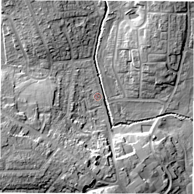 Shaded relief map of the ground around CV67BT, computed from Environment Agency LiDAR. The ground here sits at about 82 m above sea level and falls 14 m across the surrounding 800 m. Surface water reaching this point runs off ground lying to the west-south-west, 11.4 m higher.