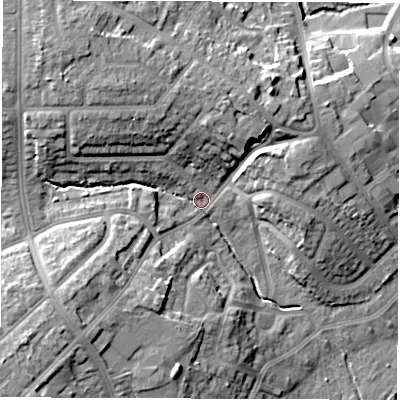 Shaded relief map of the ground around CV67HD, computed from Environment Agency LiDAR. The ground here sits at about 83 m above sea level and falls 15 m across the surrounding 800 m. Surface water reaching this point runs off ground lying to the north-north-west, 11.3 m higher.
