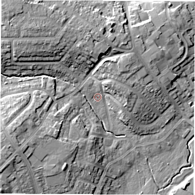 Shaded relief map of the ground around CV67HH, computed from Environment Agency LiDAR. The ground here sits at about 82 m above sea level and falls 16 m across the surrounding 800 m. Surface water reaching this point runs off ground lying to the north-east, 6.5 m higher.