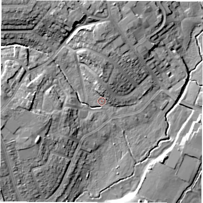 Shaded relief map of the ground around CV67LH, computed from Environment Agency LiDAR. The ground here sits at about 81 m above sea level and falls 15 m across the surrounding 800 m. Surface water reaching this point runs off ground lying to the north-west, 12.7 m higher.