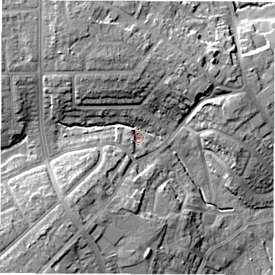 Shaded relief map of the ground around CV67LQ, computed from Environment Agency LiDAR. The ground here sits at about 83 m above sea level and falls 15 m across the surrounding 800 m. Surface water reaching this point runs off ground lying to the north-north-west, 10.9 m higher.