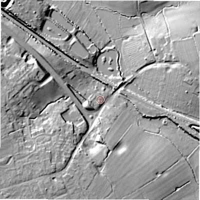 Shaded relief map of the ground around CV77EF, computed from Environment Agency LiDAR. The ground here sits at about 110 m above sea level and falls 20 m across the surrounding 800 m. Surface water reaching this point runs off ground lying to the west-south-west, 2.6 m higher.