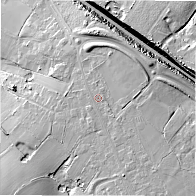 Shaded relief map of the ground around CV77EU, computed from Environment Agency LiDAR. The ground here sits at about 123 m above sea level and falls 19 m across the surrounding 800 m. Surface water reaching this point runs off ground lying to the south-south-east, 2.4 m higher.
