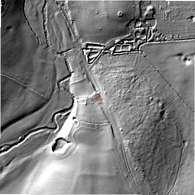 Shaded relief map of the ground around CV77HF, computed from Environment Agency LiDAR. The ground here sits at about 86 m above sea level and falls 17 m across the surrounding 800 m. Surface water reaching this point runs off ground lying to the south-south-east, 10.8 m higher.