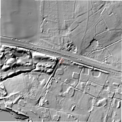 Shaded relief map of the ground around CV77HJ, computed from Environment Agency LiDAR. The ground here sits at about 91 m above sea level and falls 12 m across the surrounding 800 m. Surface water reaching this point runs off ground lying to the north-east, 6.4 m higher.