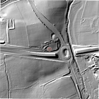 Shaded relief map of the ground around CV77HL, computed from Environment Agency LiDAR. The ground here sits at about 91 m above sea level and falls 20 m across the surrounding 800 m. Surface water reaching this point runs off ground lying to the west, 10.8 m higher.