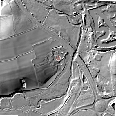 Shaded relief map of the ground around CV77LJ, computed from Environment Agency LiDAR. The ground here sits at about 84 m above sea level and falls 14 m across the surrounding 800 m. Surface water reaching this point runs off ground lying to the west-south-west, 9.0 m higher.
