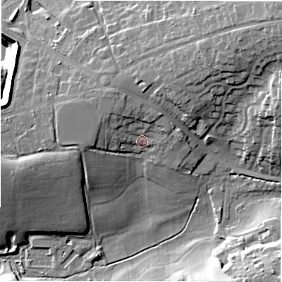 Shaded relief map of the ground around CV77SA, computed from Environment Agency LiDAR. The ground here sits at about 110 m above sea level and falls 32 m across the surrounding 800 m. Surface water reaching this point runs off ground lying to the north-north-west, 7.8 m higher.