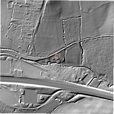 Shaded relief map of the ground around CV78AT, computed from Environment Agency LiDAR. The ground here sits at about 115 m above sea level and falls 22 m across the surrounding 800 m. Surface water reaching this point runs off ground lying to the north, 15.9 m higher.