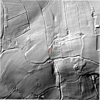 Shaded relief map of the ground around CV78DE, computed from Environment Agency LiDAR. The ground here sits at about 150 m above sea level and falls 21 m across the surrounding 800 m. Surface water reaching this point runs off ground lying to the west-south-west, 0.7 m higher.