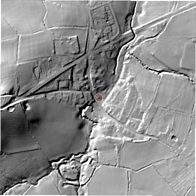 Shaded relief map of the ground around CV78ET, computed from Environment Agency LiDAR. The ground here sits at about 114 m above sea level and falls 33 m across the surrounding 800 m. Surface water reaching this point runs off ground lying to the west, 29.6 m higher.