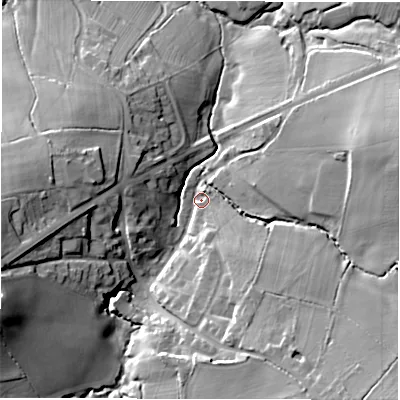 Shaded relief map of the ground around CV78EW, computed from Environment Agency LiDAR. The ground here sits at about 113 m above sea level and falls 25 m across the surrounding 800 m. Surface water reaching this point runs off ground lying to the west-south-west, 21.7 m higher.