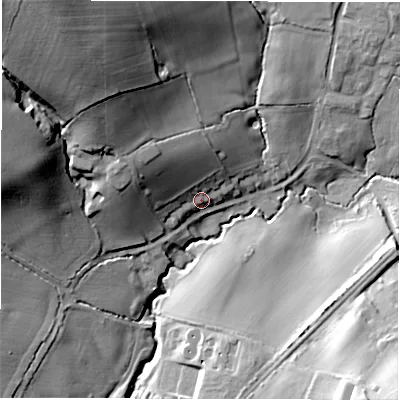 Shaded relief map of the ground around CV78FG, computed from Environment Agency LiDAR. The ground here sits at about 113 m above sea level and falls 45 m across the surrounding 800 m. Surface water reaching this point runs off ground lying to the west-north-west, 15.3 m higher.