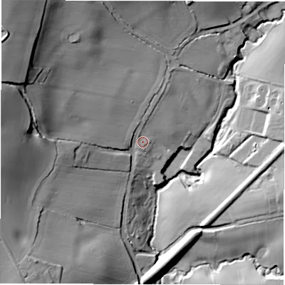Shaded relief map of the ground around CV78GD, computed from Environment Agency LiDAR. The ground here sits at about 112 m above sea level and falls 44 m across the surrounding 800 m. Surface water reaching this point runs off ground lying to the north-west, 33.1 m higher.